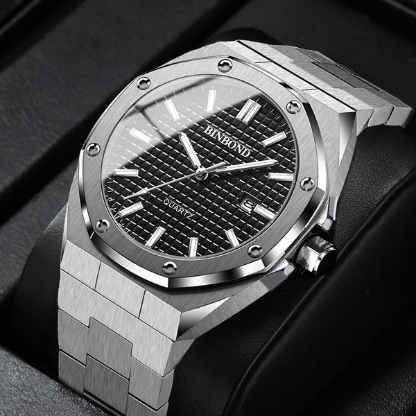

wristwatches fashion men s watches stainless steel strap 42mm octagonal case analog clock quartz business sports luminous wristwatch for men, Slivery;brown
