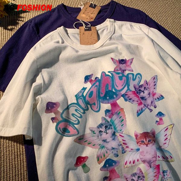 

men's t-shirts harajuku t-shirt butterfly mushroom cat print short sleeve y2k oversized tshirt casual street vintage tshirt punk clothe, White;black