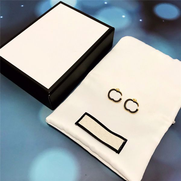 

retro black diamond charm earrings double letters designer studs rhinestone embossed stamps ear hoops eardrops with box, Golden