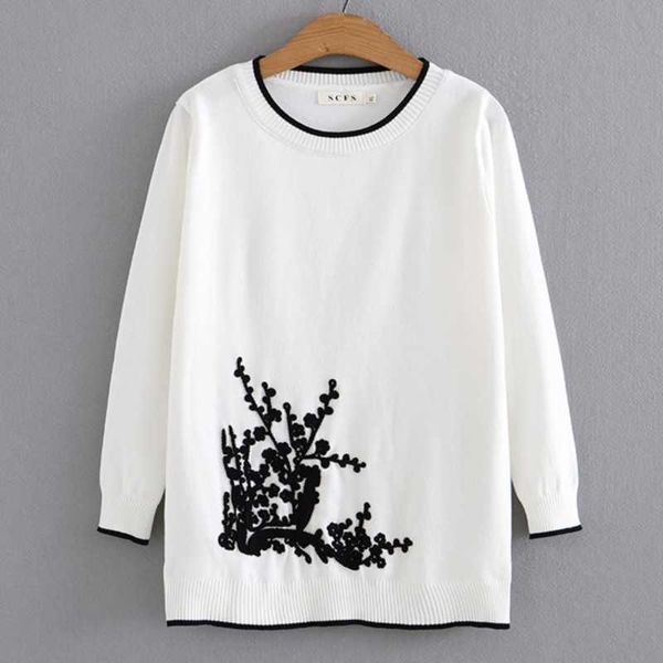 

women's sweaters knits tees plus size sweater 4xl women clothing slim high strecth small tree pattern embroidery pullover casual o-neck, White;black