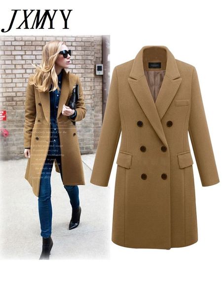 

women's wool blends jxmyy autumn winter women coats casual jackets woolen overcoat elegant double breasted long ladies coat plus size o, Black