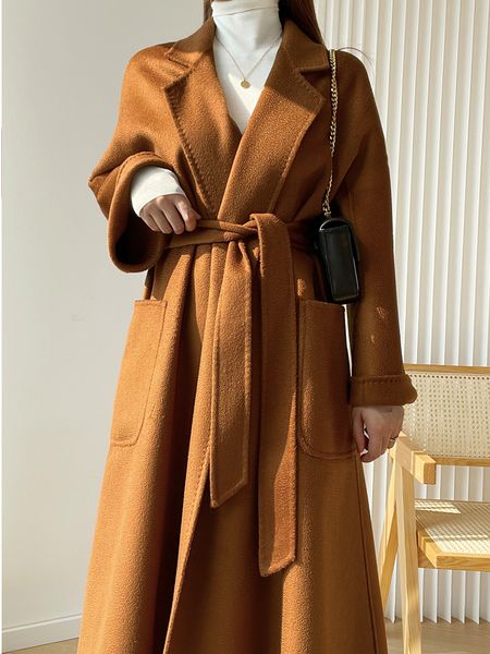 

women's wool blends winter water ripple cashmere coat women's bathrobe midlength woolen labbro 100 doublesided women 230105, Black