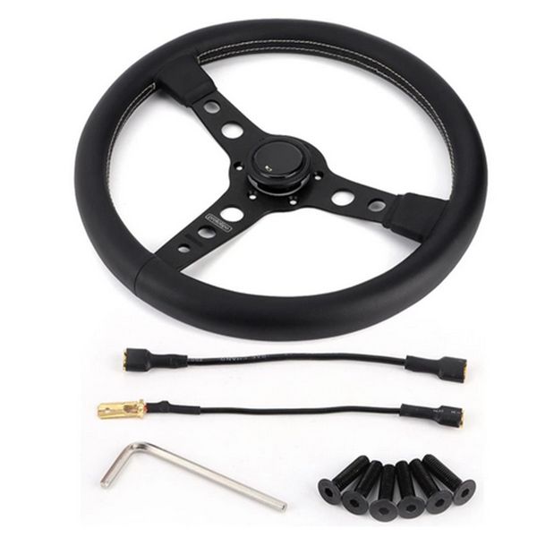 

350mm/14in for momo prototipo style 6 black leather racing steering wheel gray stitching with horn button
