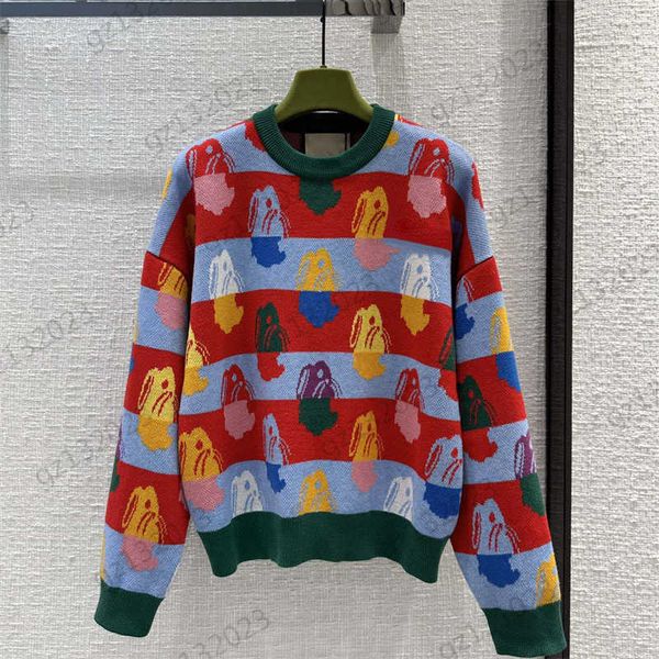 

sweater women colorful striped rabbit print crew neck knitted sweater off-shoulder long-sleeved casual joker designer knitwear sweaters for, White;black
