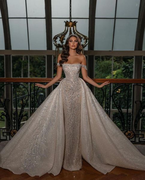 

exquisite ball gown wedding dresses appliques sleeveless bateau off shoulder sequins ruffles lace floor length detachable boho train formal, White