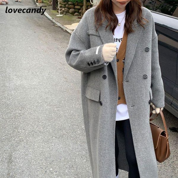 

women's wool blend casual loose woolen overcoat elegant chic doublebreasted cashmere coat autumn winter dust female 230105, Black