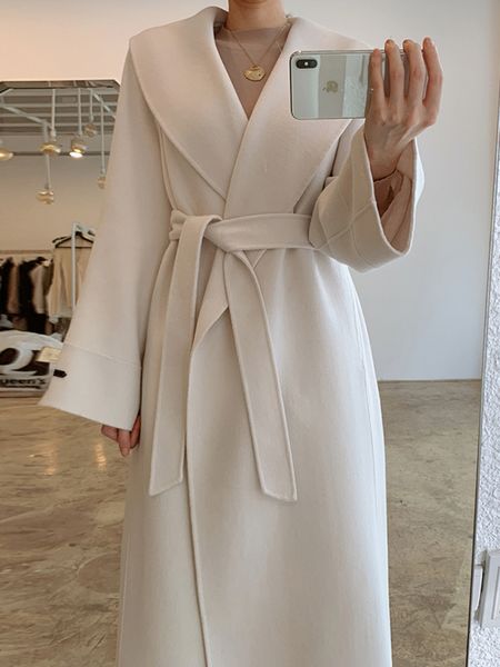 

women's wool blends ewq vintage simple woman overcoat korean 2023 spring autumn laceup waist long sleeve female outerwear elegant woole, Black