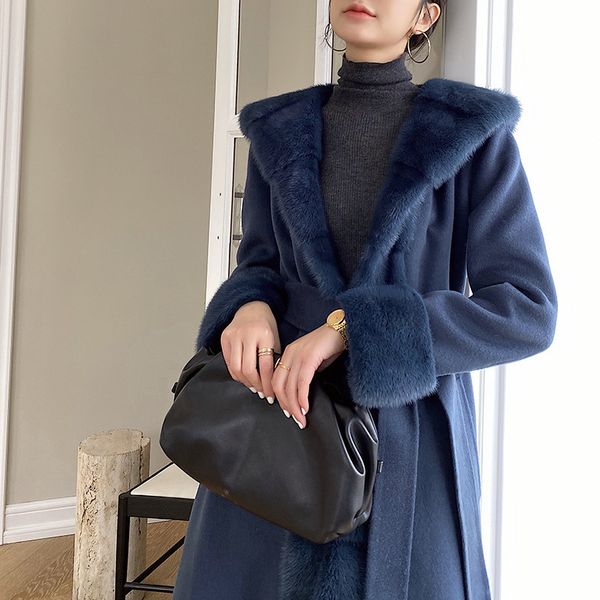 

women's wool blends highend velvet mink hooded reversible cashmere coat long whole fur autumn and winter coat women 230105, Black