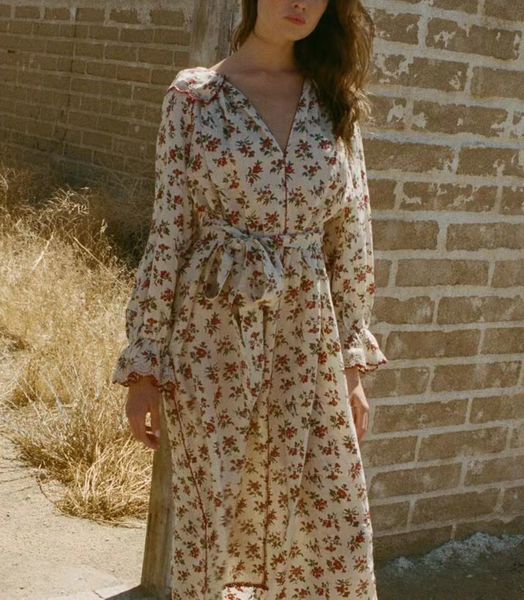 

2023 ramie midi dress floral pattern casual lapel puff sleeve granny chic long sleeve, Black;gray