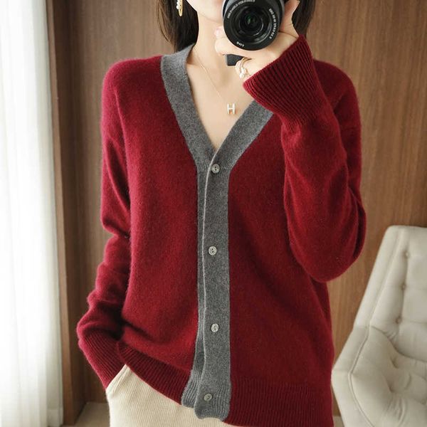 

women's sweaters knits tees 2021 new pure cashmere cardigan women v-neck plus size knit jacket autumn winter 100%wool loose color match, White;black