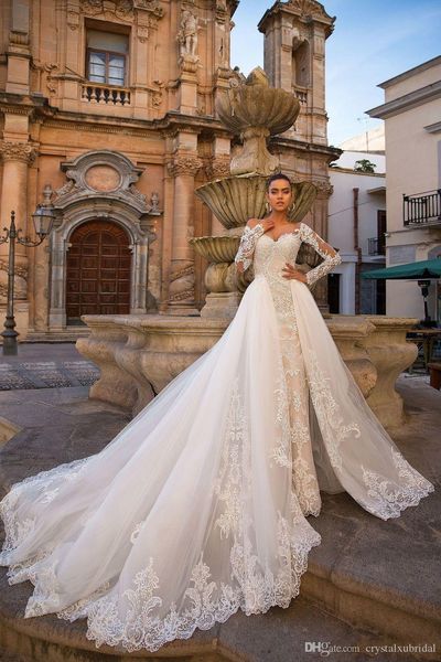 

2023 champagne mermaid wedding dresses sweetheart long sleeves full lace appliques beaded with tulle overskirts train formal bridal gowns, White