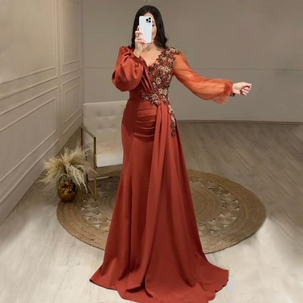 

stylish beaded mermaid evening dresses appliqued prom gowns with long sleeves v neckline satin plus size formal dress, Black;red