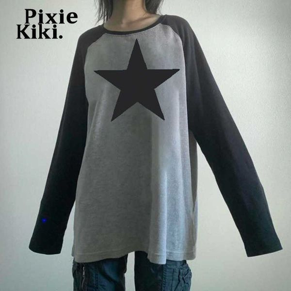 

women's t-shirt pixiekiki raglan sleeves star print graphic t shirts downtown girl y2k grunge clothes grey oversized long sleeve p77-ca, White