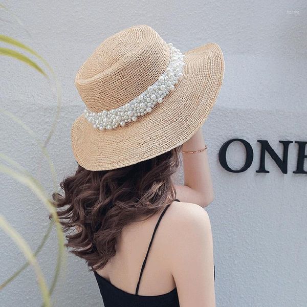 

wide brim hats bucket hats wide hats designer handmade women raffia straw hat summer beach sun black white pear ribbon cap foldable flat gir, Blue;gray