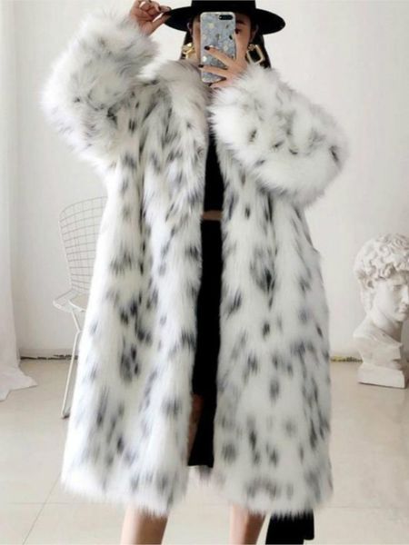 

women's leather faux women winter fur coat lady casual snow leopard print jacket female thick warm midlong plush outerwear 230105, Black