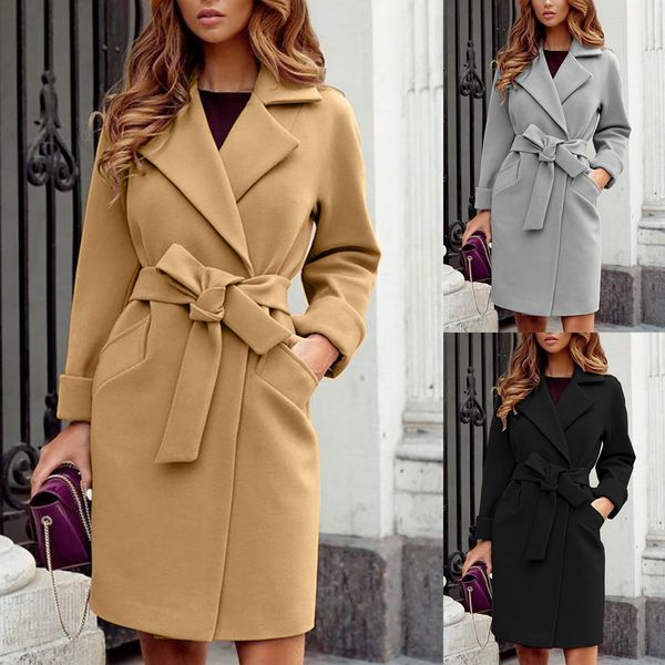 

women's wool blends fashion female woolen coat solid color lapel long sleeve jacket with waist belt for winter streetwear 230105, Black