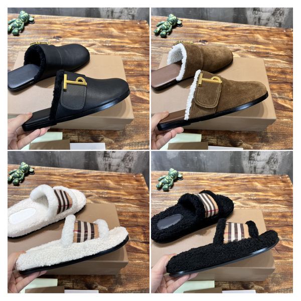 

monograms detail shearling-lined leather mules designer women check sandals plaid fur winter warm slippers fashion plush slides size 35-40, Black