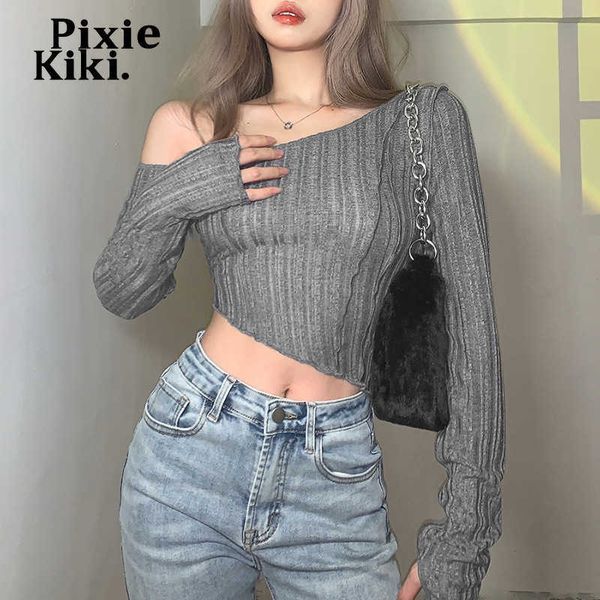

women's t-shirt pixiekiki asymmetrical crop fashion 2022 one shoulder long sleeve t shirts y2k streetwear clothes for women p94-ah11 t2, White