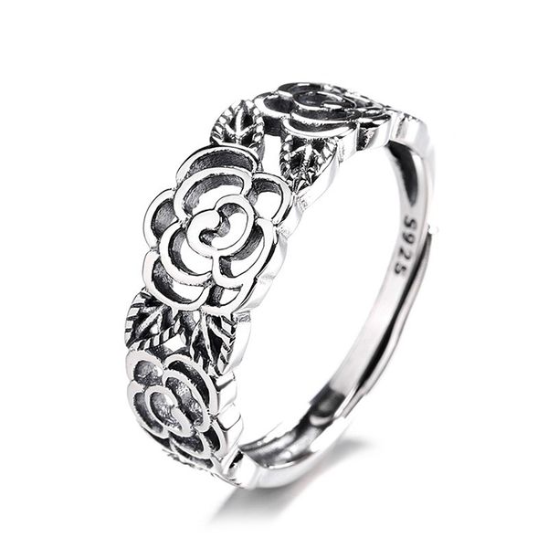 

925 sterling silver big rose flower ring women vintage adjustable floral camellia flowers finger rings female romantic valentines gift