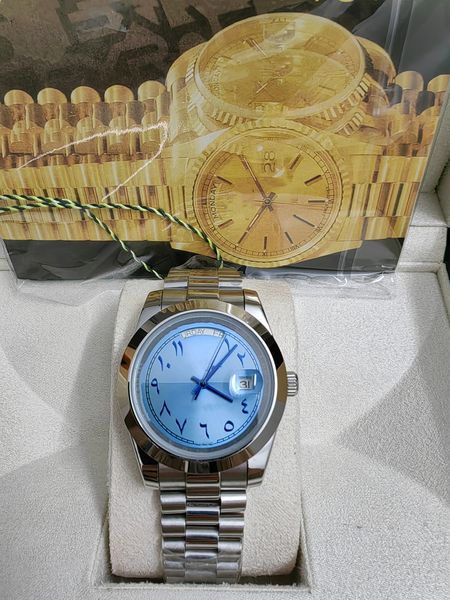 

with original box high-quality luxury men watch 41mm day-date ice blue arabic rare dial automatic fashion roman numerals watch folding 2813, Slivery;brown