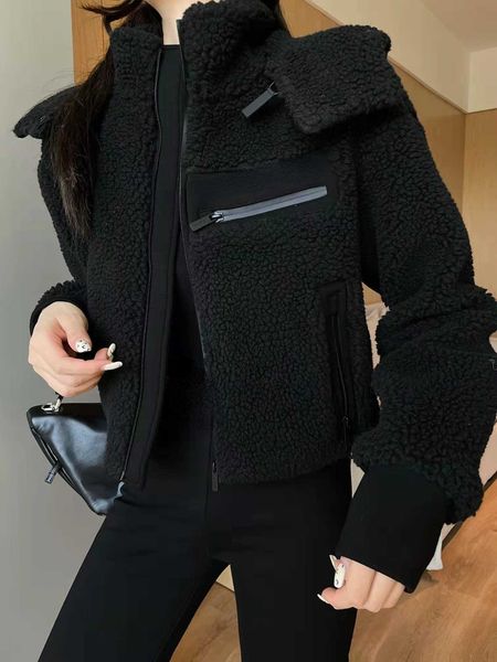 

women's wool blends new autumn and winter plastic brand fashionable and versatile hooded detachable lamb wool patchwork warm coat, Black