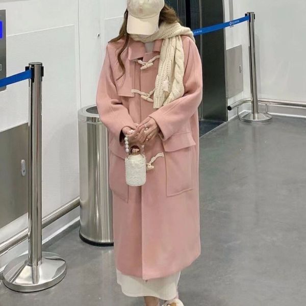 

women's wool blend winter preppy style casual lovely sweet hooded design chic stylish high street college solid outwear button coat 230, Black
