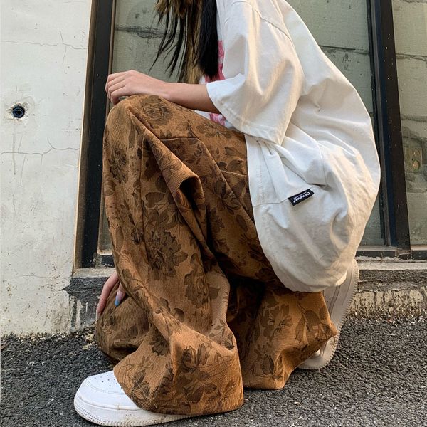 

men s pant bottoms khaki vintage flowers casual fashion high waist straight wide leg baggy mopping trouser ladies summer 230104, Black
