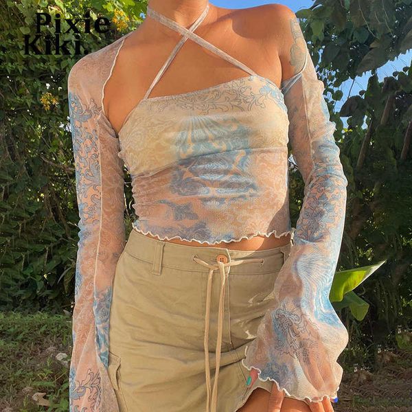 

women's t-shirt pixiekiki y2k fairycore crop 2 piece set women t shirts blue print mesh sheer long sleeve tees retro aesthetic p85-bi13, White