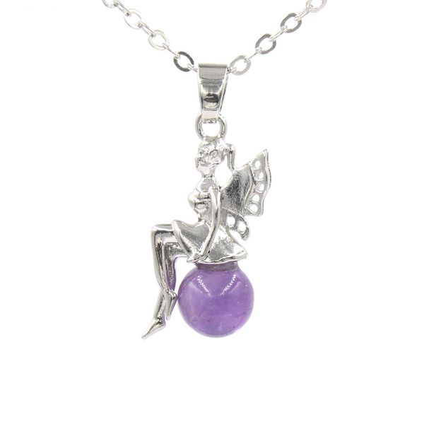 

yowost natural round gemstone pendant fairy angel wings elf amethyst lapis lazuli opal rose quartz pendant charm jewelry accessories bh029, Silver