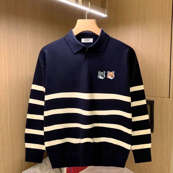 

men s sweaters long sleeve knitting shirt brand head embroidered autumn quality lapel stripe casual fashion clothing 230104, White;black