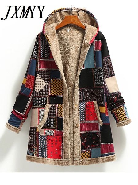 

women's wool blends winter vintage coat warm printing thick fleece hooded long jacket with pocket ladies outwear loose for 230105, Black