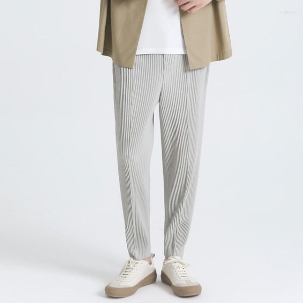 

men's pants miyake pleated men's high waist casual suit designer clothes elastic pencil japanese streetwear, Black