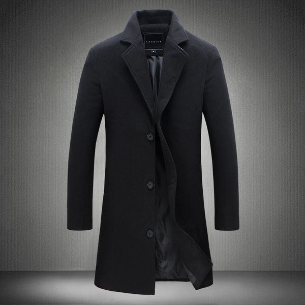 

men's wool blends autumn and winter mens solid color casual business woolen coats highend brand slim long trench 230105, Black