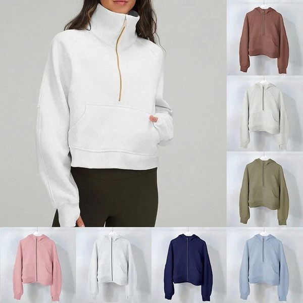 

thick scuba designer womens yoga hoodie jackets lululemens autumn and winter sports half zipper terry sweater short clothes cjxr, Black