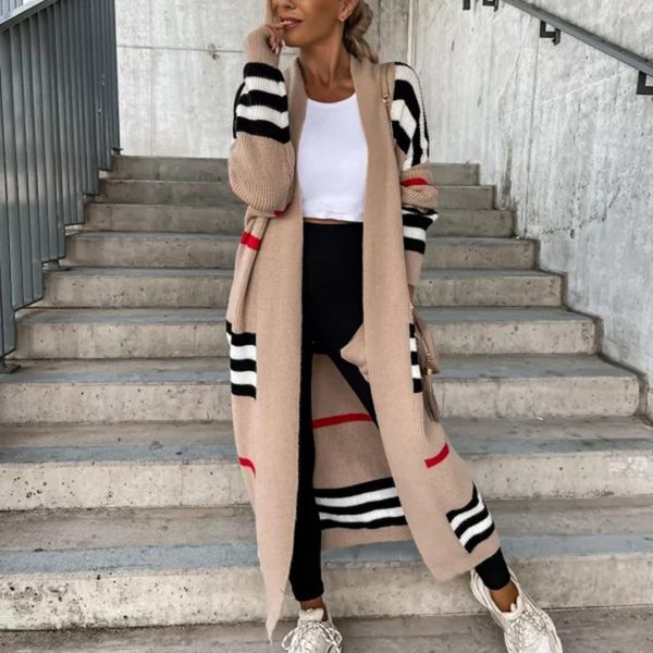 

women s knits tees autumn winter knitted cardigan women striped patchwork elegant loose long outerwear maxi y2k sweater coat soft jacket 230, White