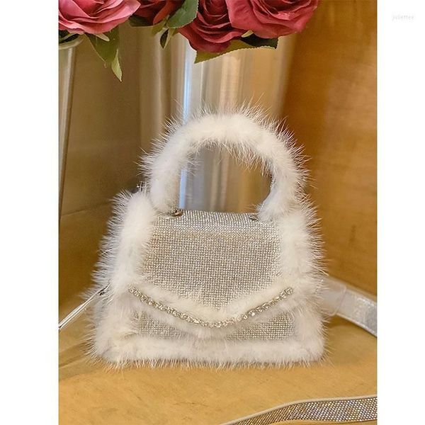 

2023 new evening bags for women luxury designer handbags mini flap white fur silver rhinestone crossbody