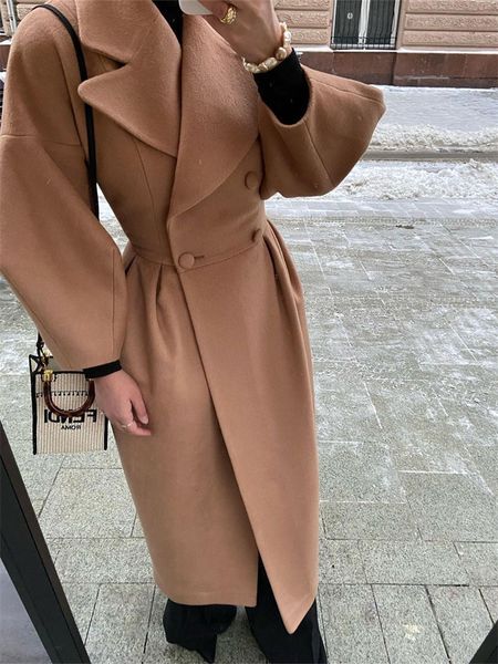 

women's wool blends plain lapel button winter long women suit overcoat jacket formal double breasted party prom dress blazer 230105, Black