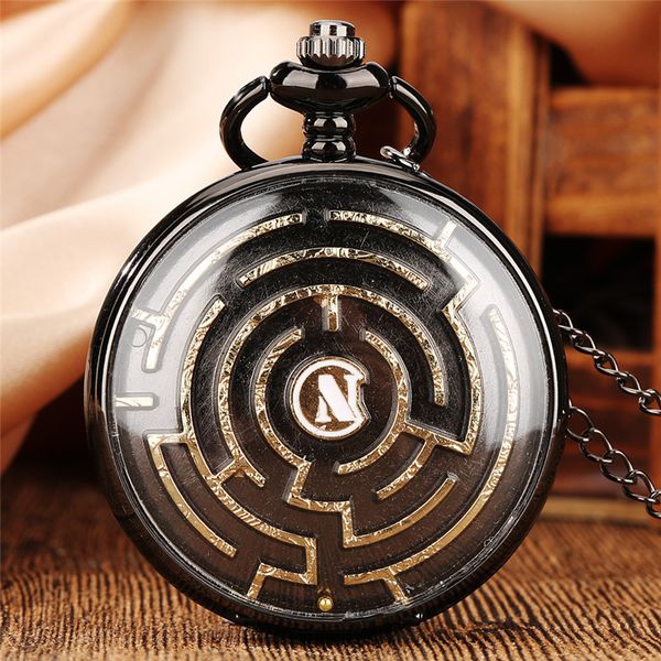 

black/gold creative pocket watch roman number compass design men women quartz analog display clock maze game cover fob chain, Slivery;golden