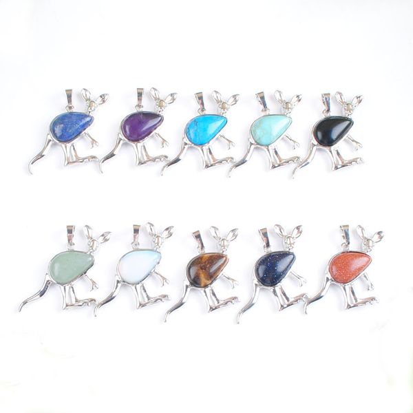 

yowost new cute animal kangaroo pendant water drop natural stone pink quartz crystal blue sand opal fashion jewelry for women girls bn515, Silver