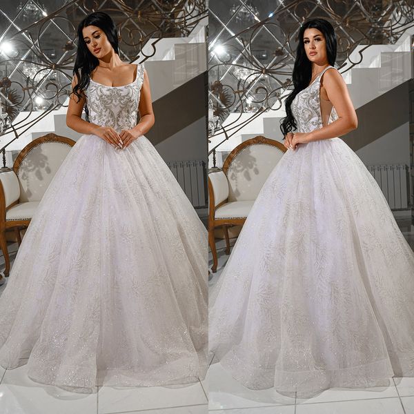

glamorous ball gown wedding dresses square sleeveless with shining sequins backless tulle spraying gold floor length custom made plus side v, White