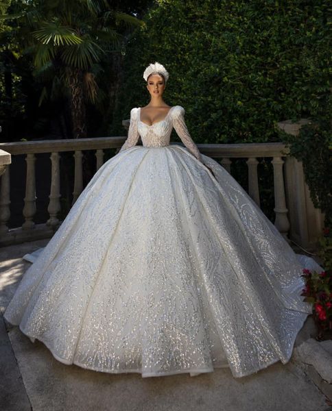 

luxury ball gown wedding dresses appliques long sleeves bateau shiny sequins beads ruffles 3d lace celebrity floor length costume homme form, White