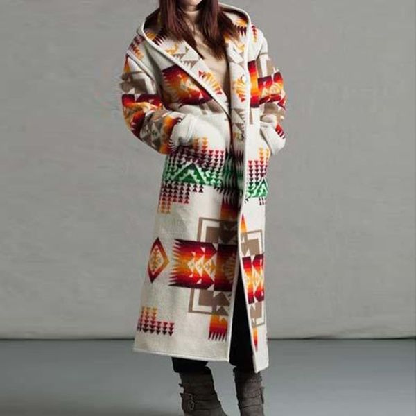 

women's wool blends long overcoat female loose thicken single breasted casual hooded jacket vintage printing elegant winter coats 23010, Black