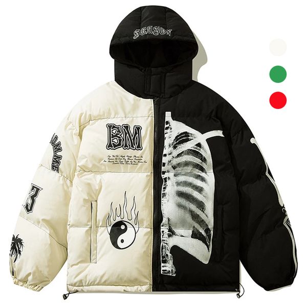 

men's jackets skeleton print puffer jacket men winter streetwear parka women taiji ying yang padded outwear loose warm hooded coat 2301, Black;brown