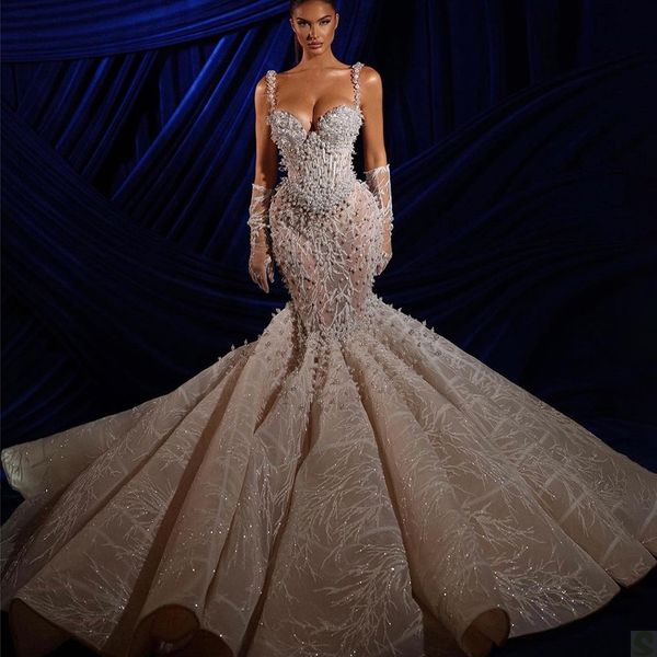 

luxury mermaid wedding dresses spaghetti straps crystals beads beading appliques lace bridal gowns custom made lace-up back sweep train vest, White