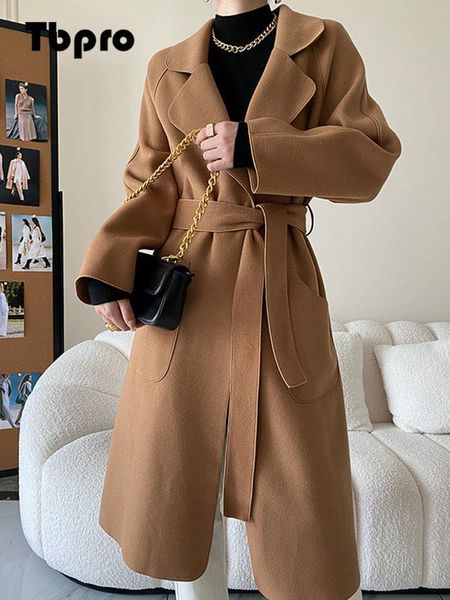 

women's wool blends winter elegant women long belt woolen coat solid thick warm doublebreasted overcoat casual loose lady streetwear ou, Black
