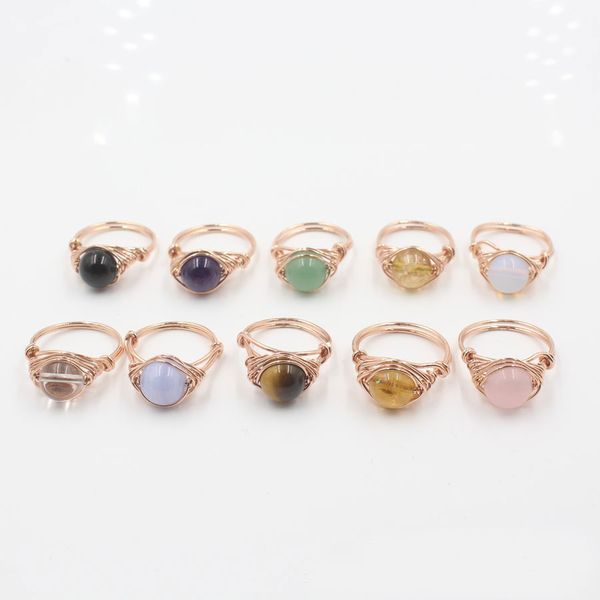 

yowost natural gemstones round ring rose gold color wire wrap handmade creative finger rings for female fashion healing jewelry bt010, Golden;silver