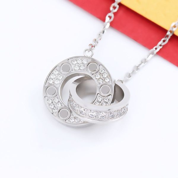 

double rings charm necklaces for women fashion engagement jewelry designer inlaid zircon hypoallergenic plated gold necklace couple pendant, Silver