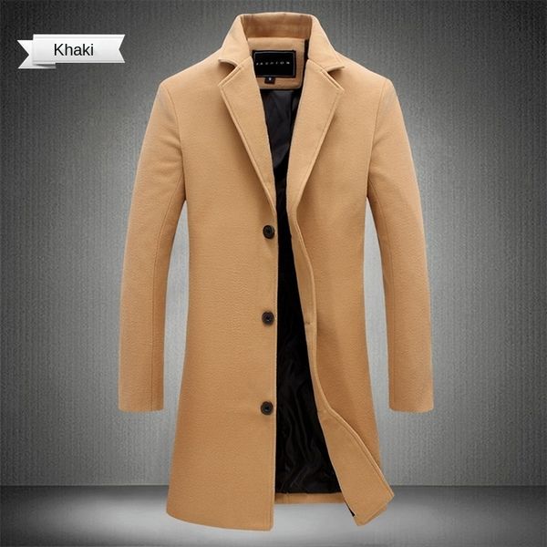 

men's wool blends cotton coat autumn winter casual long windbreaker jacket male solid color single breasted trench 230105, Black