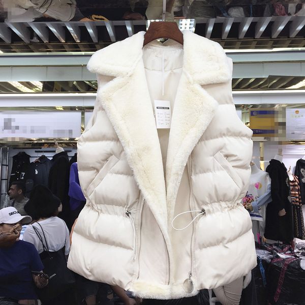 

women's vests winter korean zipper vest female fashion lamb hair patchwork waist cotton jacket women 230105, Black;white
