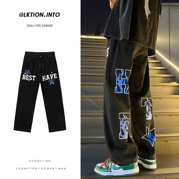 

men's jeans korean style autumn letter printed denim pants men streetwear washed jean neutral hip hop loose straight casual 230104, Blue
